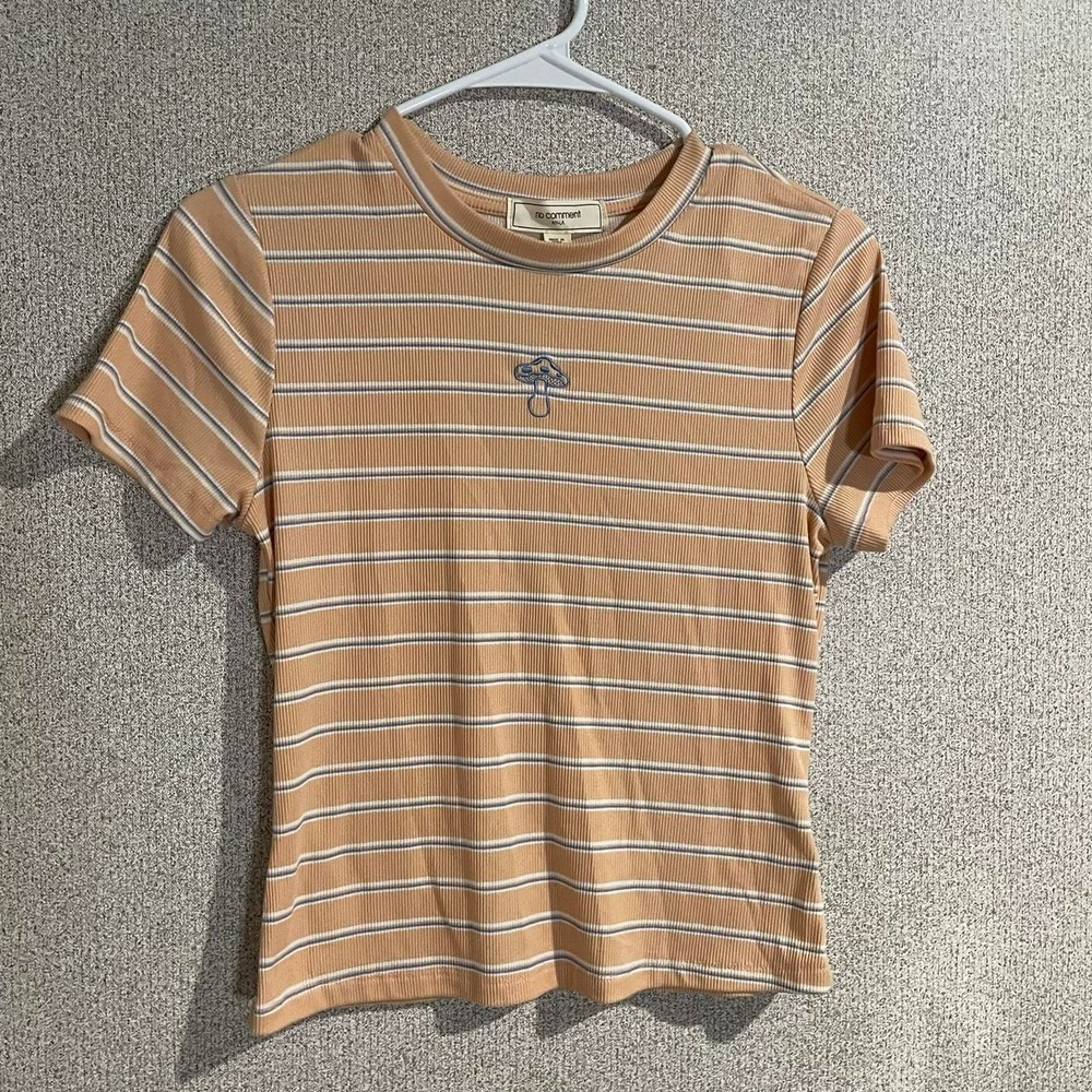 No Comment NY-LA Striped Mushroom Embroidered Ribbed Tee Tan Blue White Large